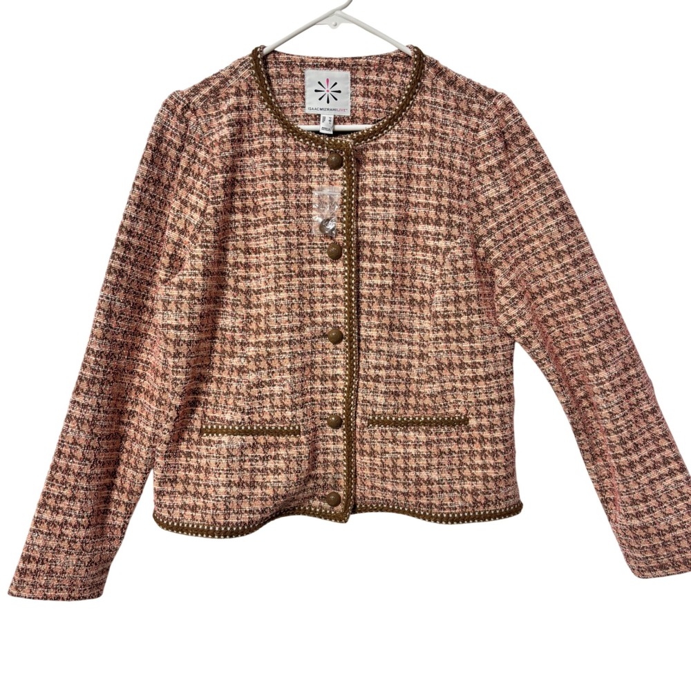 Isaac Mizrahi Live Womens‎ Pink Brown Houndstooth Tweed Jacket Gold Trim Size M